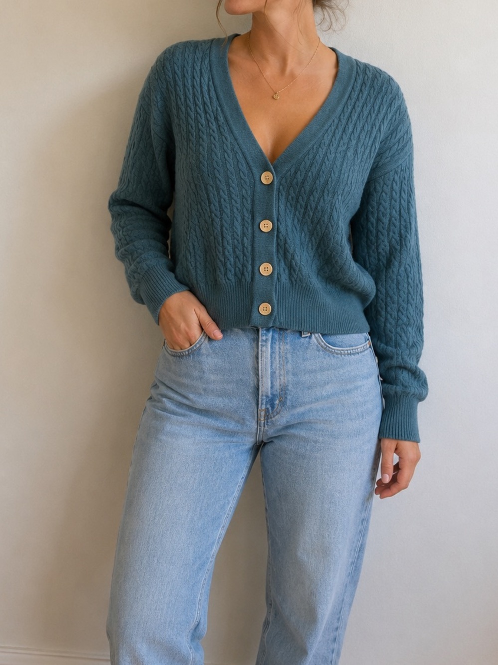 Vintage 80s Wool Cardigan Classic Cable-Knit V-Neck Sweater Bobby Jones in Teal
